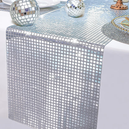 TETOU 13*108" Glitter Disco Party Table Runner, Mirror Table Runner Retro 70s 80s Theme Disco Ball Party Supplies for Birthday Bachelorette Dance Party Decorations - Silver