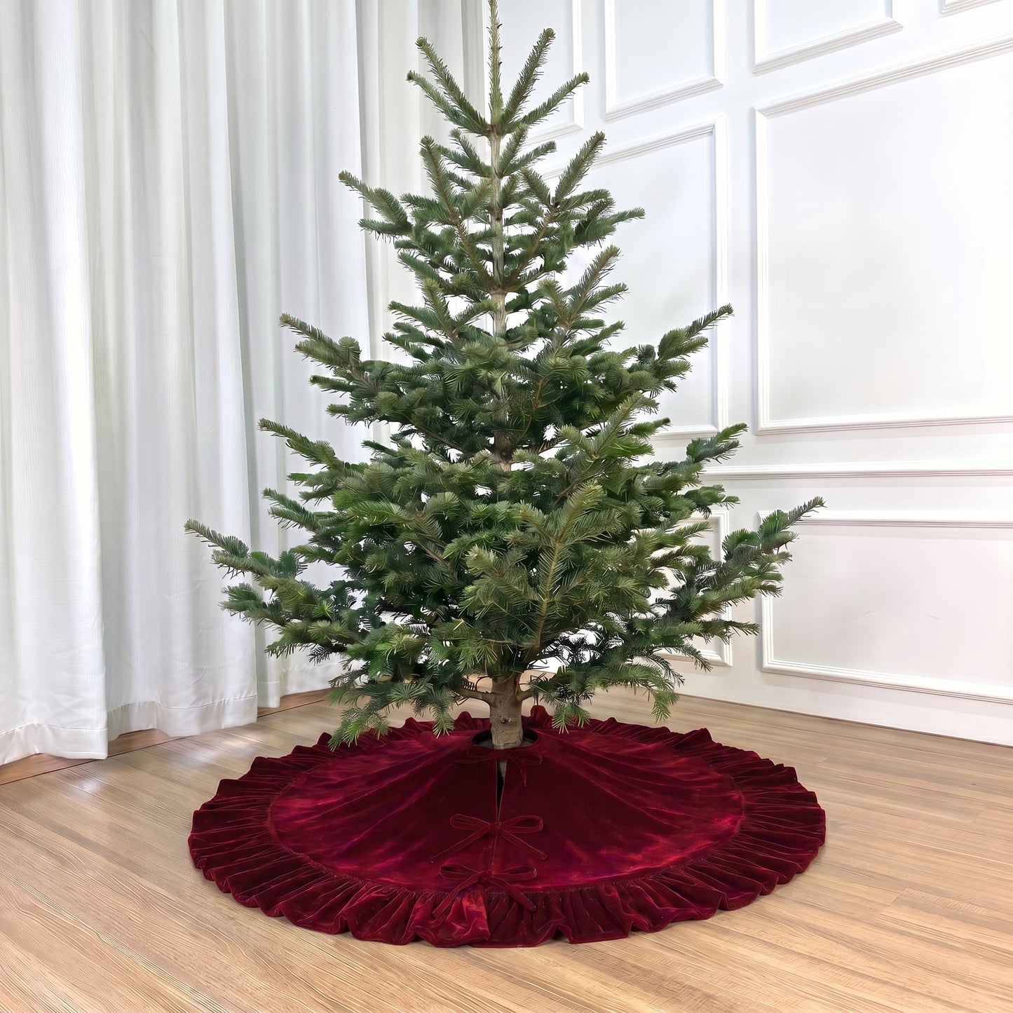 TETOU 36In Christmas Tree Skirt ,Burgundy Ruffled Velvet Xmas Tree Skirt with Felt Padding Nylon Backing and Lace-Up Tie Closure for ChristmasTree Party Gift Holiday Home Decor