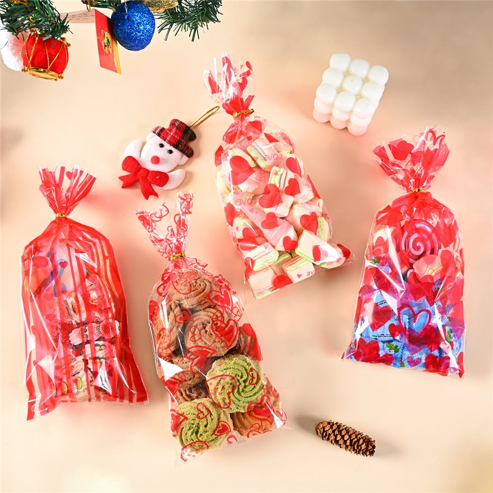 TETOU 100pcs Valentine's Day Candy Treat Bags Cellophane Gift Snack Bag with Ties Party Favor Supplies