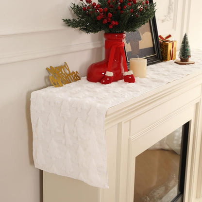 TETOU Christmas Tree Jacquard Table Runner 13x72 Inch Soft Plush Faux Fur Table Decoration for Christmas Home Party - White