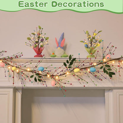 TETOU 6 Ft 20 LED Easter Egg and Mixed Berry Garland,Hanging Rustic Pastel Spring Easter Decor,Artificial Easter Garland with Light for Indoor Outdoor Home Fireplace Party Door Decoration