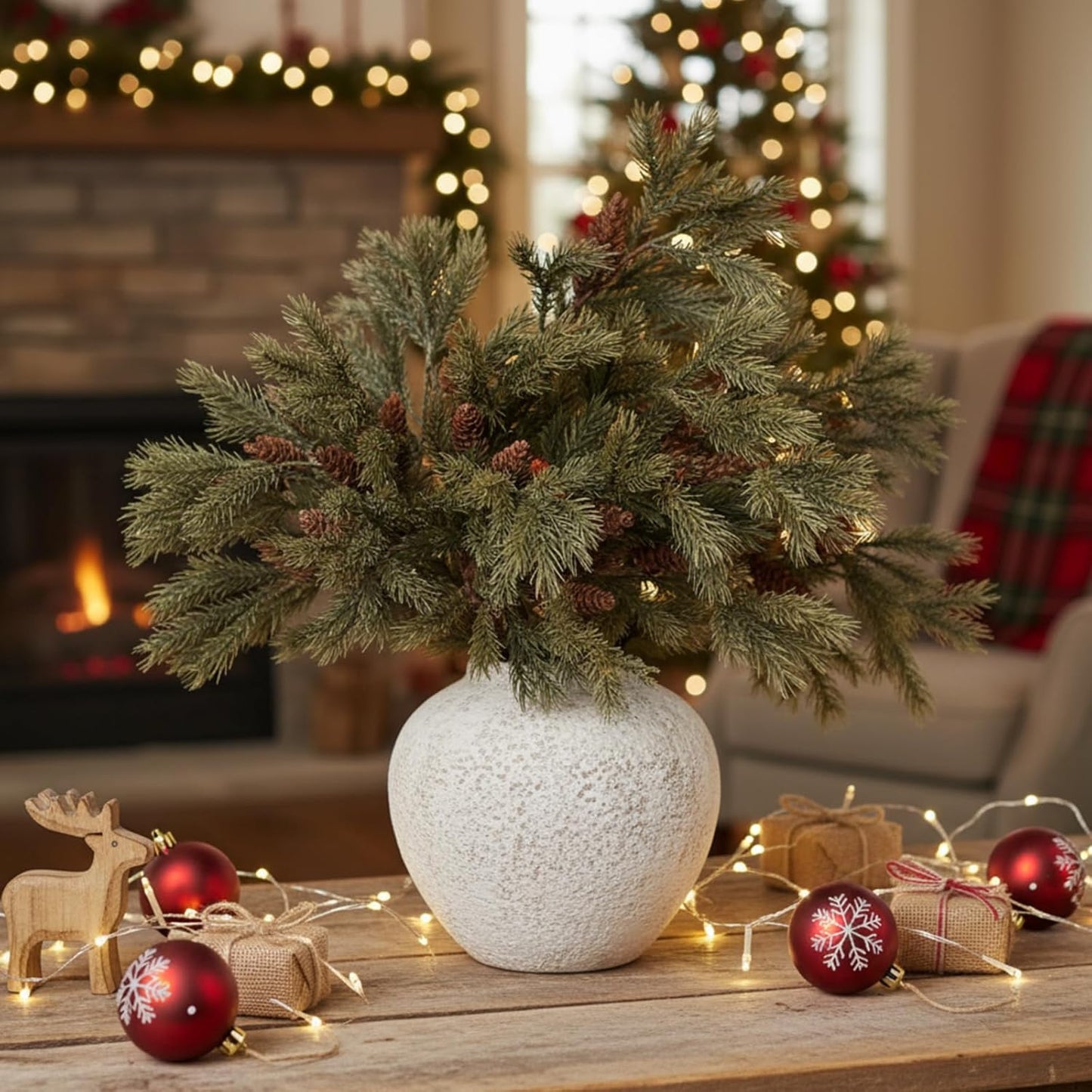 TETOU 6 Pcs Christmas Cedar Pine Branches,25.98 Inch Artificial Cedar Stems with Pine Cones Christmas Greenery Picks for Holiday Xmas Winter Wreath Garland Decor