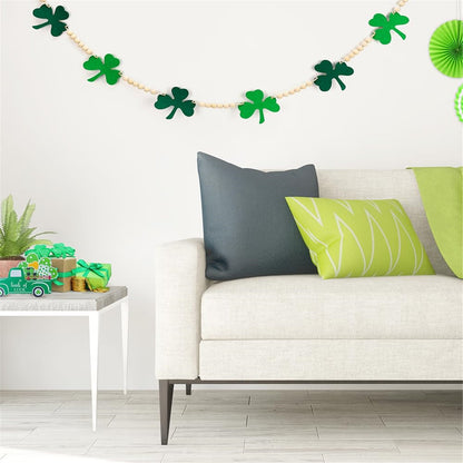 TETOU 4.5ft St. Patrick Day Garland Felt Shamrock Banner with Wooden Beads Fireplace Wall Shelf Home St Patricks Day Decorations