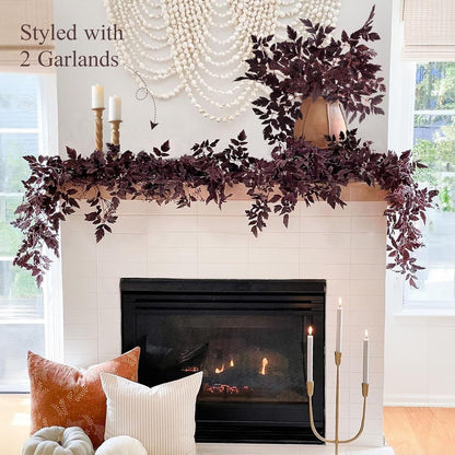 TETOU 2 Pcs Fall Garland for Mantle,6FT Plum Cimicifuga Seeded Fall Leaves Garland for Autumn Halloween Thanksgiving Harvest Home Fireplace Indoor Outdoor Decoration