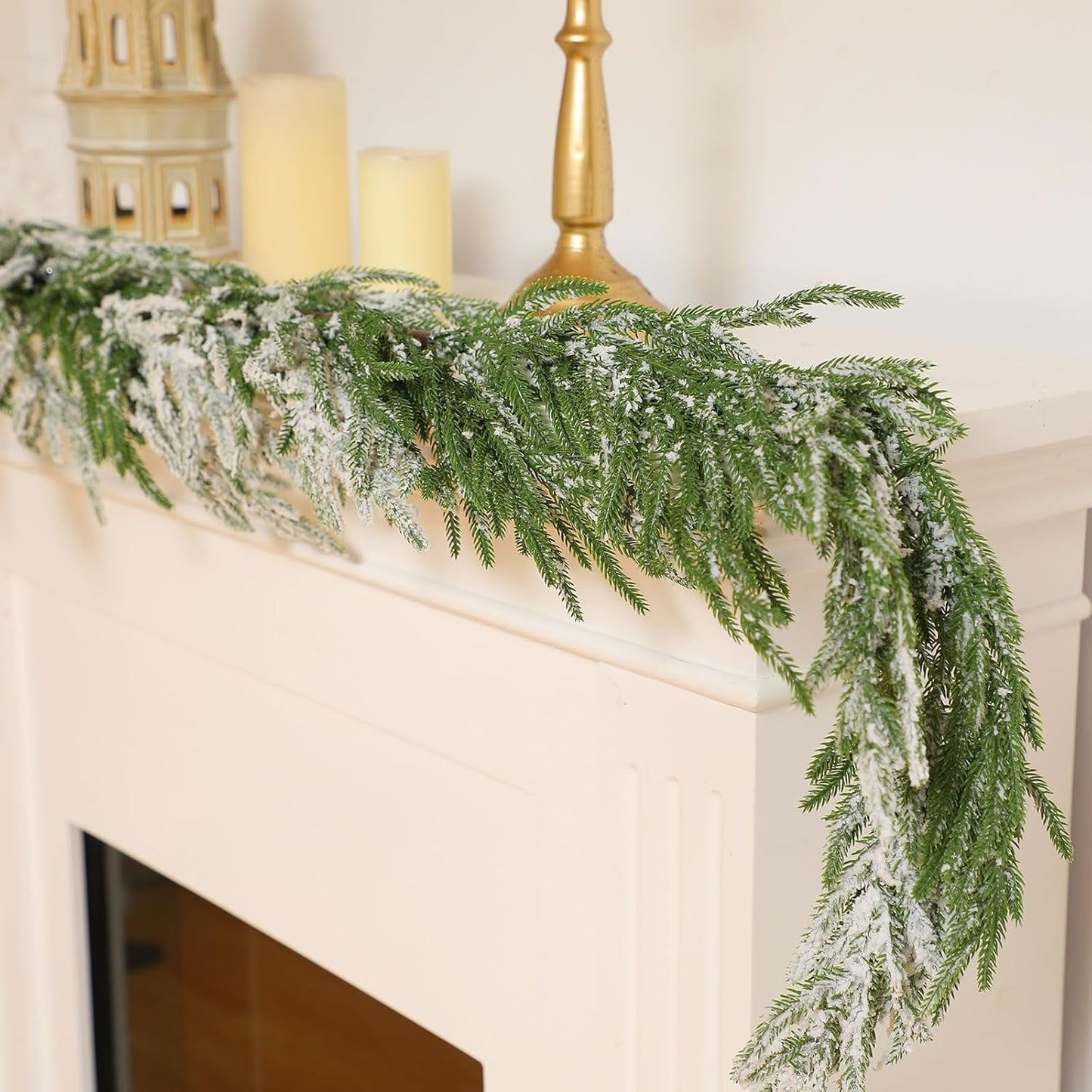 Tetou 6Ft Christmas Norfolk Pine Garland with Snow, Real Touch Cedar Garland, Artificial Greenery Pine Garland for Christmas Decorations Indoor