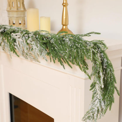 Tetou 6Ft Christmas Norfolk Pine Garland with Snow, Real Touch Cedar Garland, Artificial Greenery Pine Garland for Christmas Decorations Indoor