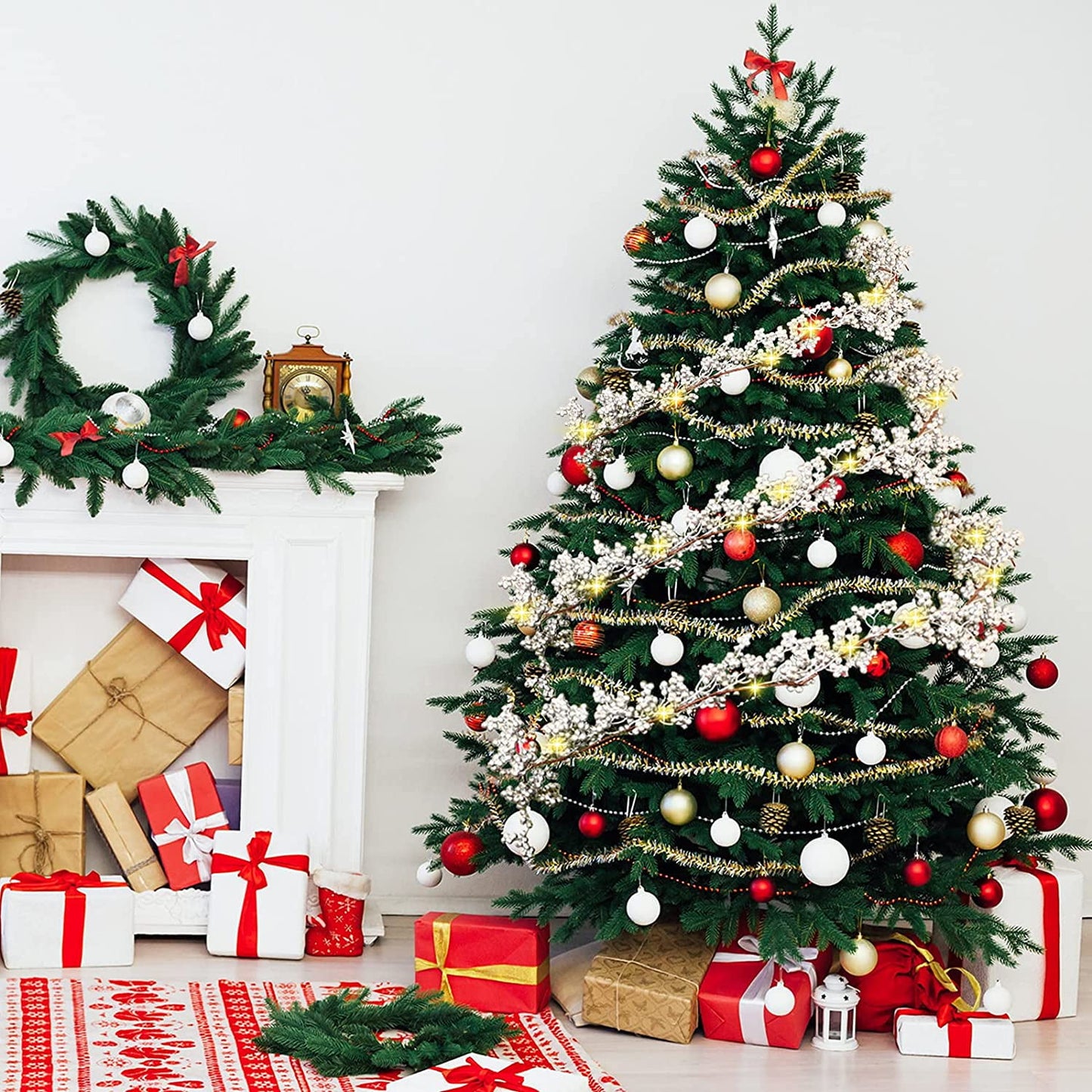 TETOU 5.9ft Silver Berry Christmas Garland with Light Artificial Garland for Indoor Mantle Staircase Home Xmas Decoration