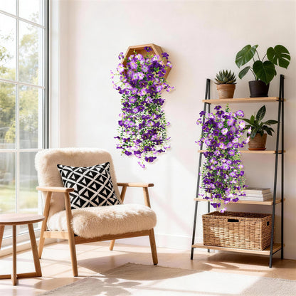 TETOU 2pcs Outdoor Artificial Fake Hanging Flowers, UV Resistant Morning Glory with Eucalyptus Leaves Faux Flowers for Spring Summer Outside Balcony Porch Patio Yard Garden Decoration(Double Purple)