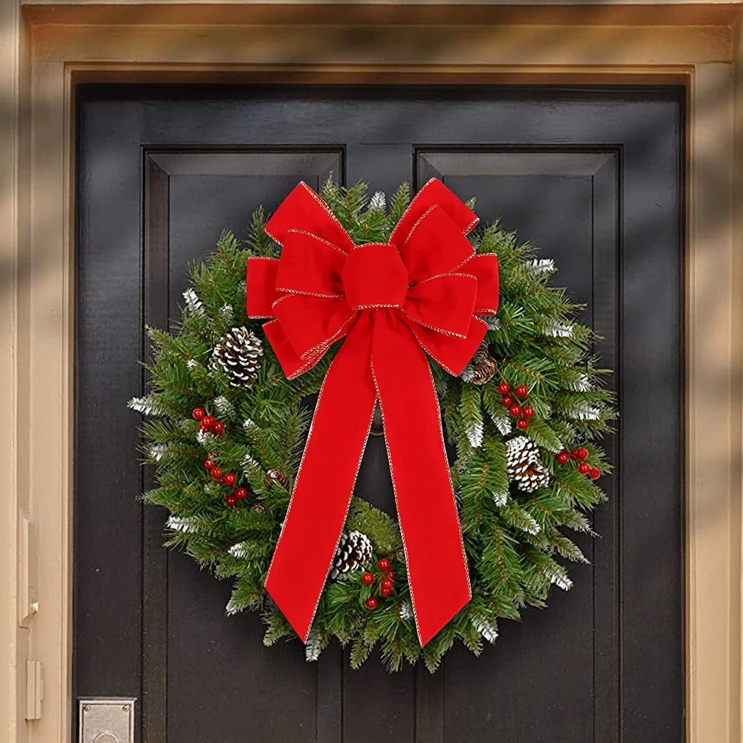 TETOU 2pcs Christmas Red Bows Outdoor Decorations, 11.4 x 19.6 Inch Large Christmas Tree Topper Bow,Velvet Wreath Bow with Glitter Gold Edge for Xmas Wreath Garland Home Fireplace Wedding Party Decor