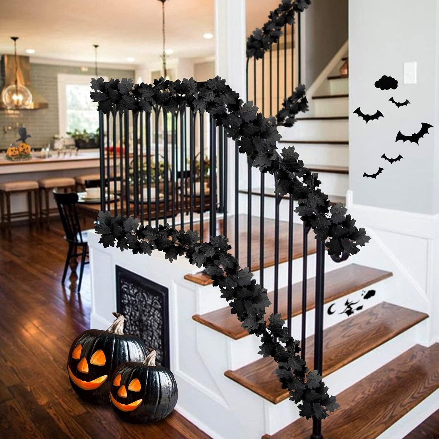 TETOU 2PCS Black Maple Leaf Garland,5.7Ft Halloween Artificial Hanging Fall Leave Vines for Fall Halloween Party Home Mantle Wall Indoor Outdoor Decoration