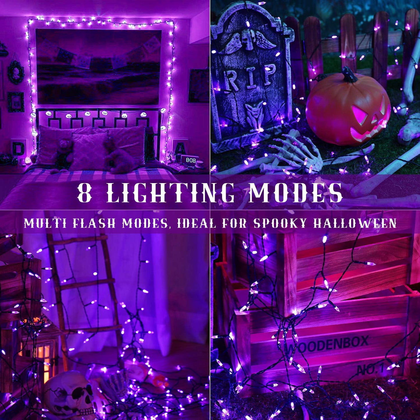 TETOU Halloween Lights, 33ft 100 LED Battery Halloween Lights, 8 Modes String Lights with Timer, Indoor Outdoor Waterproof mini Lights String for Halloween Bedroom Patio Decor - Purple