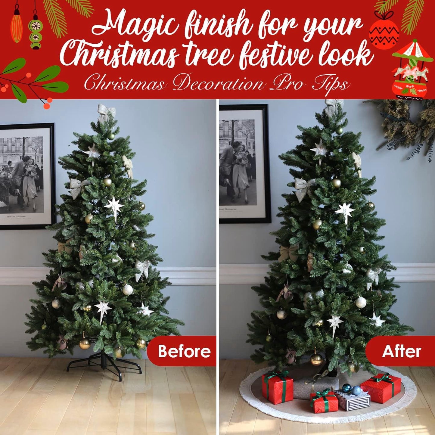 TETOU 48 Inch Christmas Tree Skirt,Linen Burlap with Tassels Fringe Trim Boho Farmhouse Rustic Christmas Tree Skirt Collar Decoration for Xmas Winter Home Holiday Indoor Outdoor Seasonal Decors
