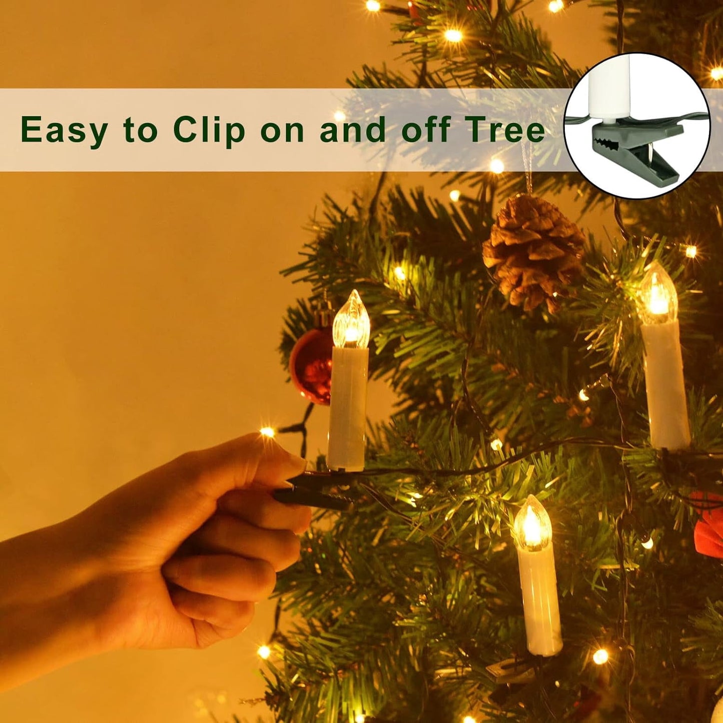 TETOU 10Ft 30LED Flameless Candles Christmas Tree Decor,Clip on Candles USB Plug in String Lights with Remote and Timer for Christmas Tree Party Holiday Garden Decorations