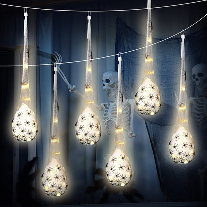 TETOU 6pcs Halloween Hanging Light up Spider Egg Sacs for Outdoor Tree Yard Hanging Spider Decoration (Warm White)