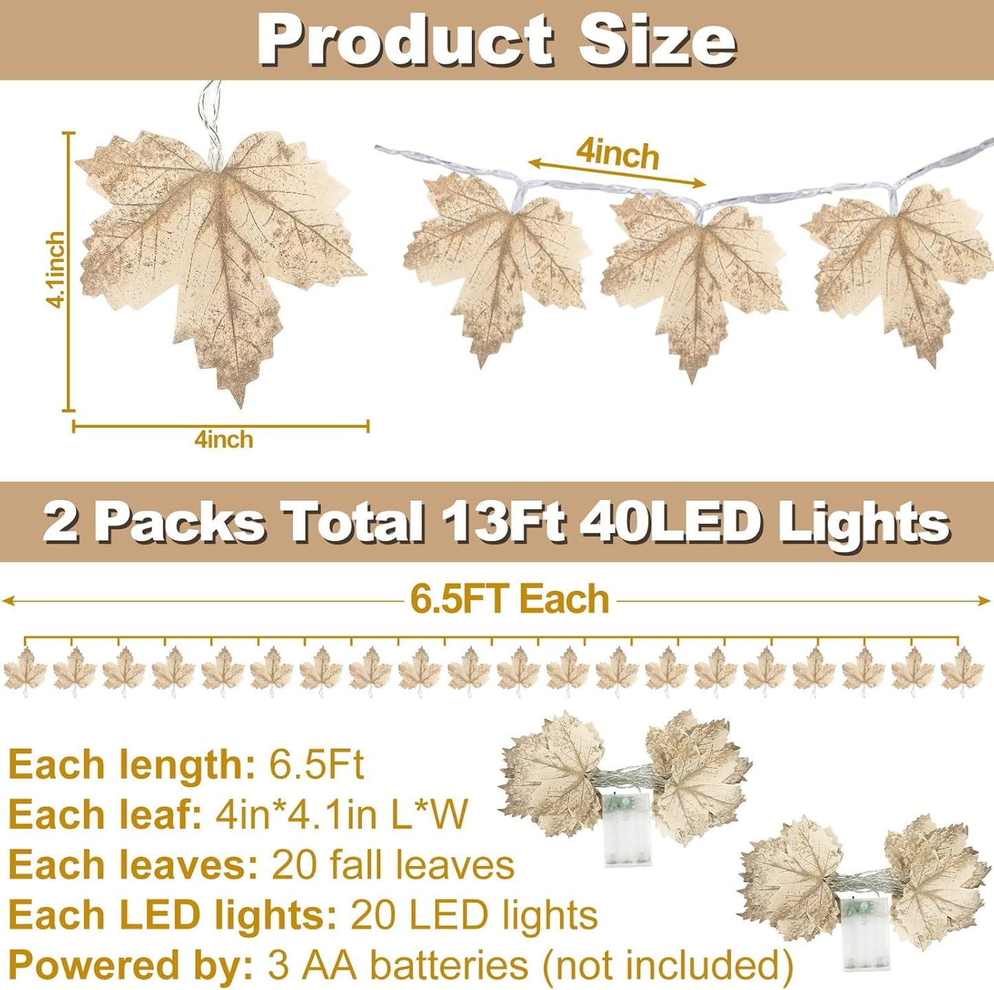 TETOU 2 Pack Fall Decor Fall Garland with Timer Lights,13Ft 40LED Battery Operated Lighted Maples Leaves Garland for Autumn Harvest Halloween Thanksgiving Indoor Outdoor Decoration