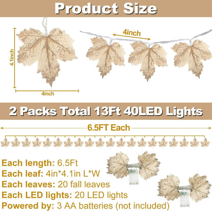 TETOU 2 Pack Fall Decor Fall Garland with Timer Lights,13Ft 40LED Battery Operated Lighted Maples Leaves Garland for Autumn Harvest Halloween Thanksgiving Indoor Outdoor Decoration