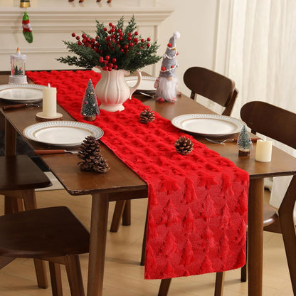 TETOU Christmas Tree Jacquard Table Runner 13x72 Inch Soft Plush Faux Fur Table Decoration for Christmas Home Party - Red