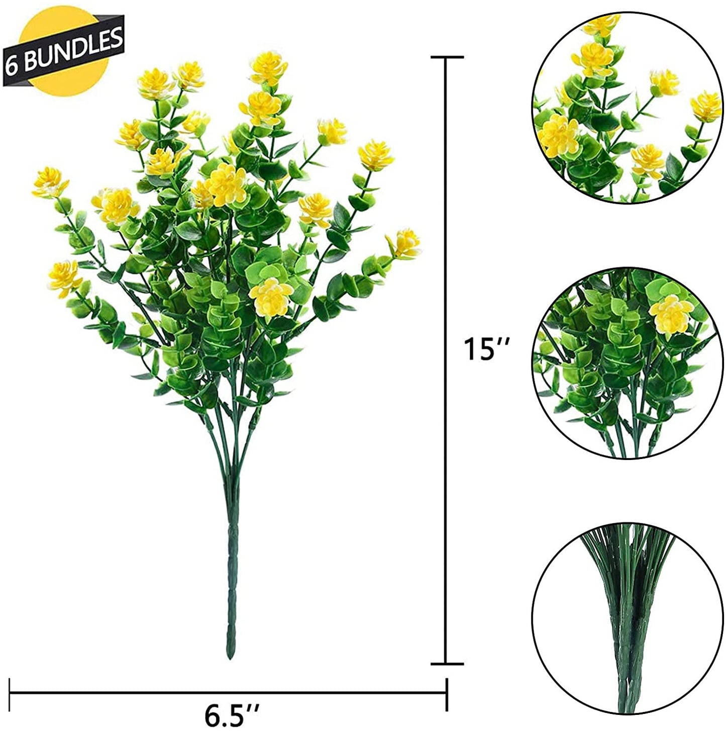 TETOU 6 Bundles Eucalyptus Camellia Artificial Flowers Outdoor Plastic Plants Decor - Yellow