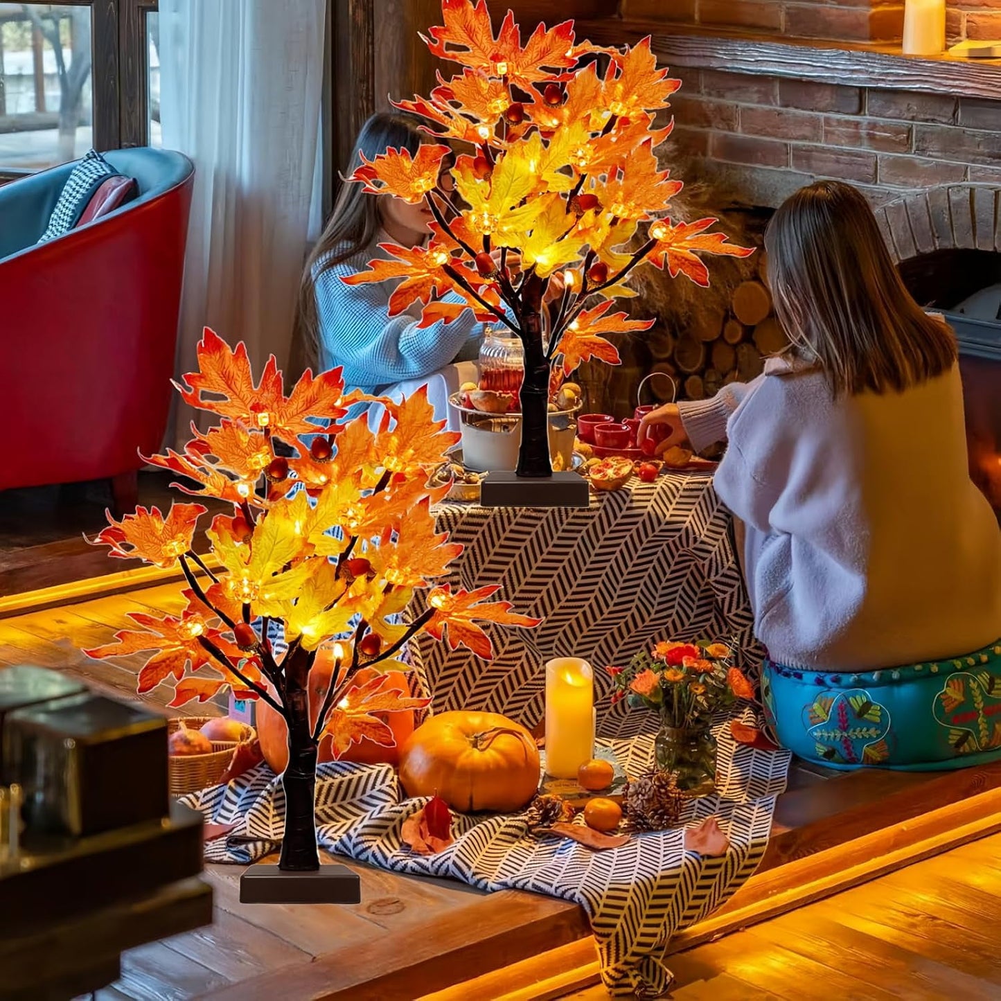 TETOU 2Pack Lighted Fall Maple Tree, USB & Battery Operated Artificial Fall Light up Trees with 48LED & timer, Fall Decorations for Home Party Indoor Outdoor Thanksgiving Autumn Har'vest