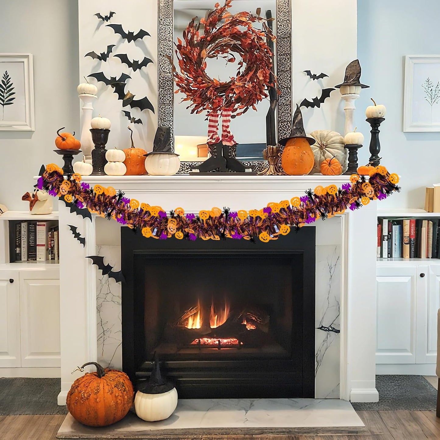 TETOU Halloween Garland Decor,50Ft Orange Black Purple Glitter Tinsel Fall Garland for Tree Home Fireplace Halloween Party Indoor Outdoor Decoration