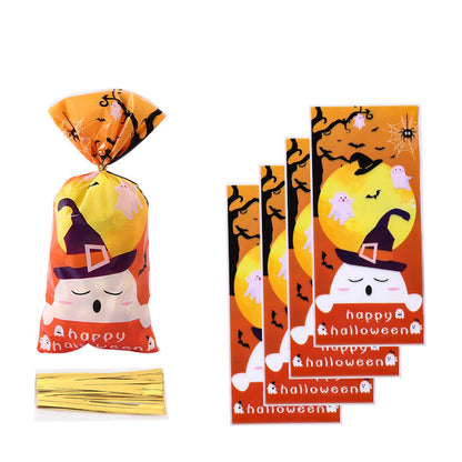 TETOU 50Pcs Halloween Cellophane Treat Bags, 4.92*10.93" Multi Color Candy Bags Bats Pumpkin and Witch Halloween Goody Bags with Twist Ties for Snacks Cookies Packing Halloween Party Favor