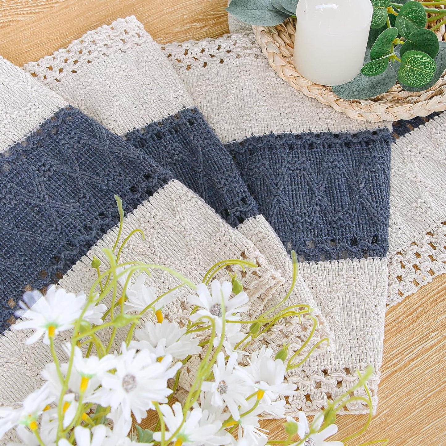 TETOU Boho Blue Table Runner with Tassels 72 Inches Long Macrame Farmhouse Table Runners for Home Decor Party Bohemian Rustic Bridal Shower Dining Decorations(12x72 Inches)