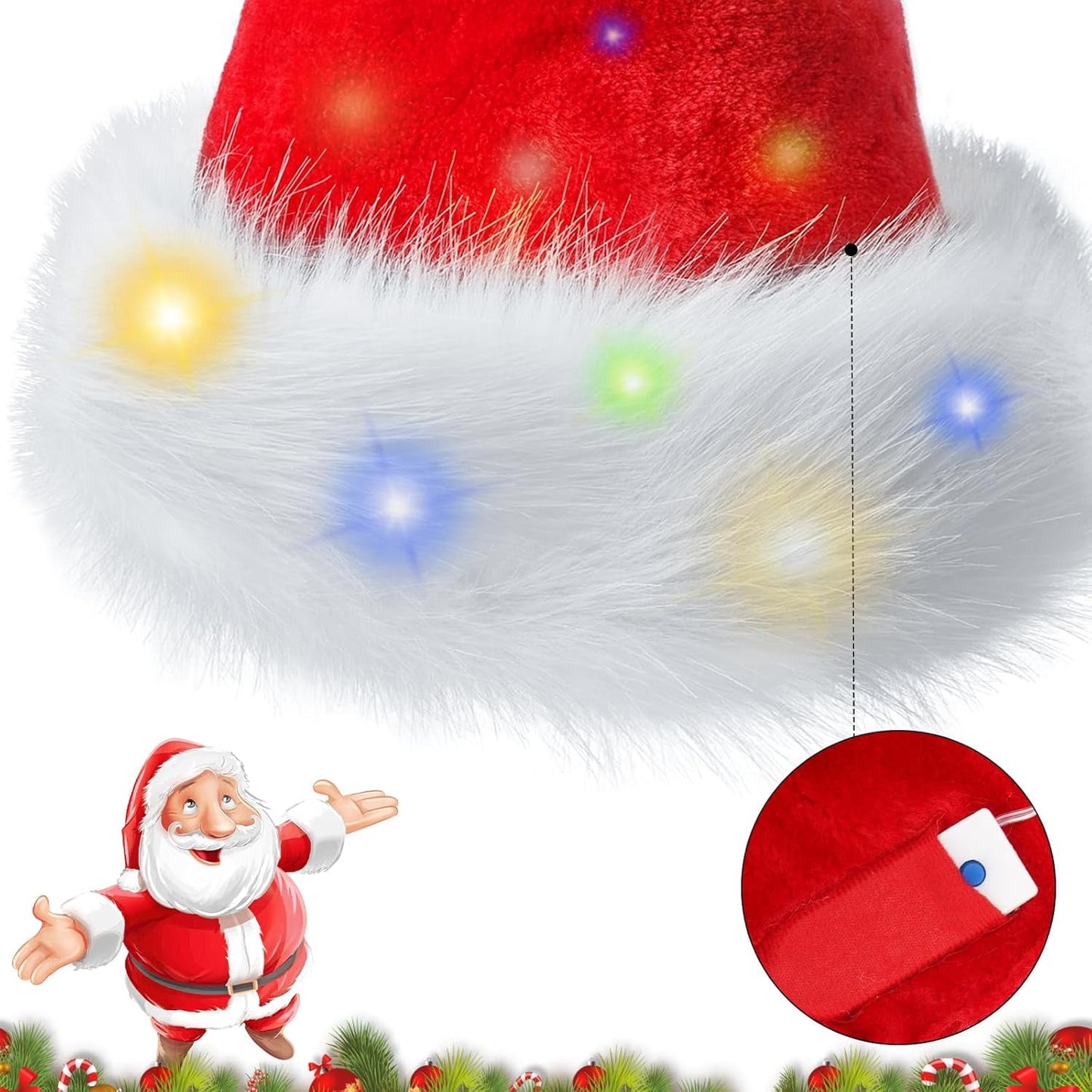 TETOU 1pc Christmas Hat,Led Faux Fur Plush Red Velvet Santa Hat for Adults Men Women Christmas New Year Festive Party
