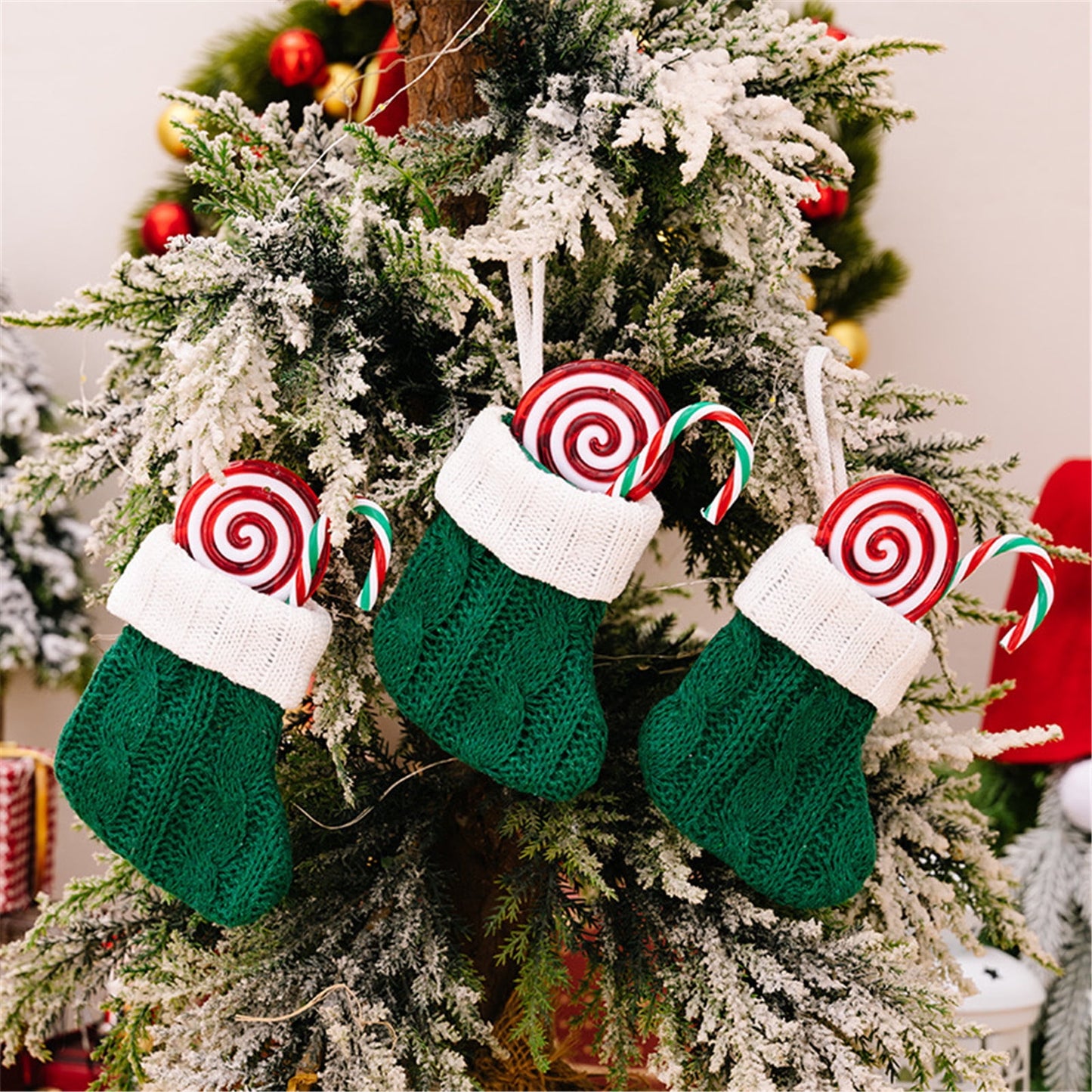 TETOU 6pcs Christmas Mini Stockings Knitted Xmas Classic Small Stocking Fireplace Holiday Hanging Decor