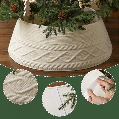 TETOU 28In Knitted Christmas Tree Collar,Cream Farmhouse Rustic Crossed Diamond Edge Christmas Tree Collars Tree Skirt for Christmas Tree Home Holiday Party Decoration