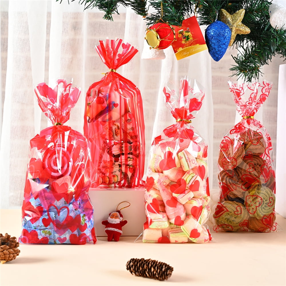 TETOU 50pcs Valentine's Day Candy Treat Bags Cellophane Gift Snack Bag with Ties Party Favor Supplies