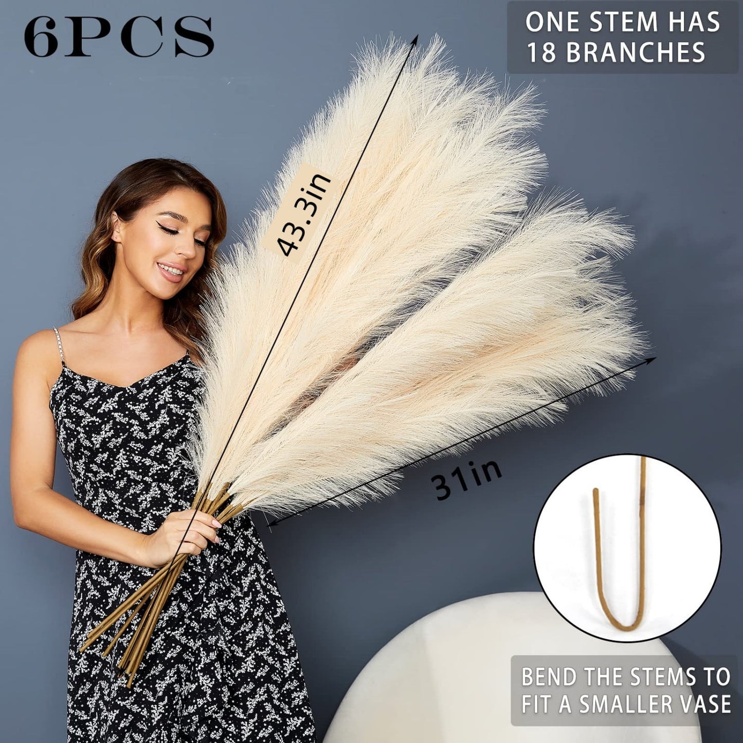 TETOU 6 Stems Faux Pampas Grass 43.3" Tall Big Pompous Grass Vase Filler Home Boho Decor - Beige
