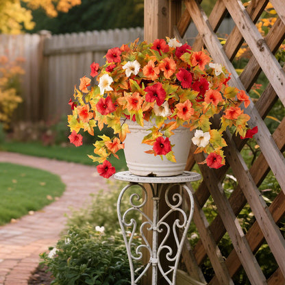 TETOU 2Pcs Artificial Fake Flowers , Faux Petunias Silk Flower UV Resistant No Fade for Fall Halloween Home Garden Balcony Yard Porch  Indoor Outdoor Decoration (Orange White)