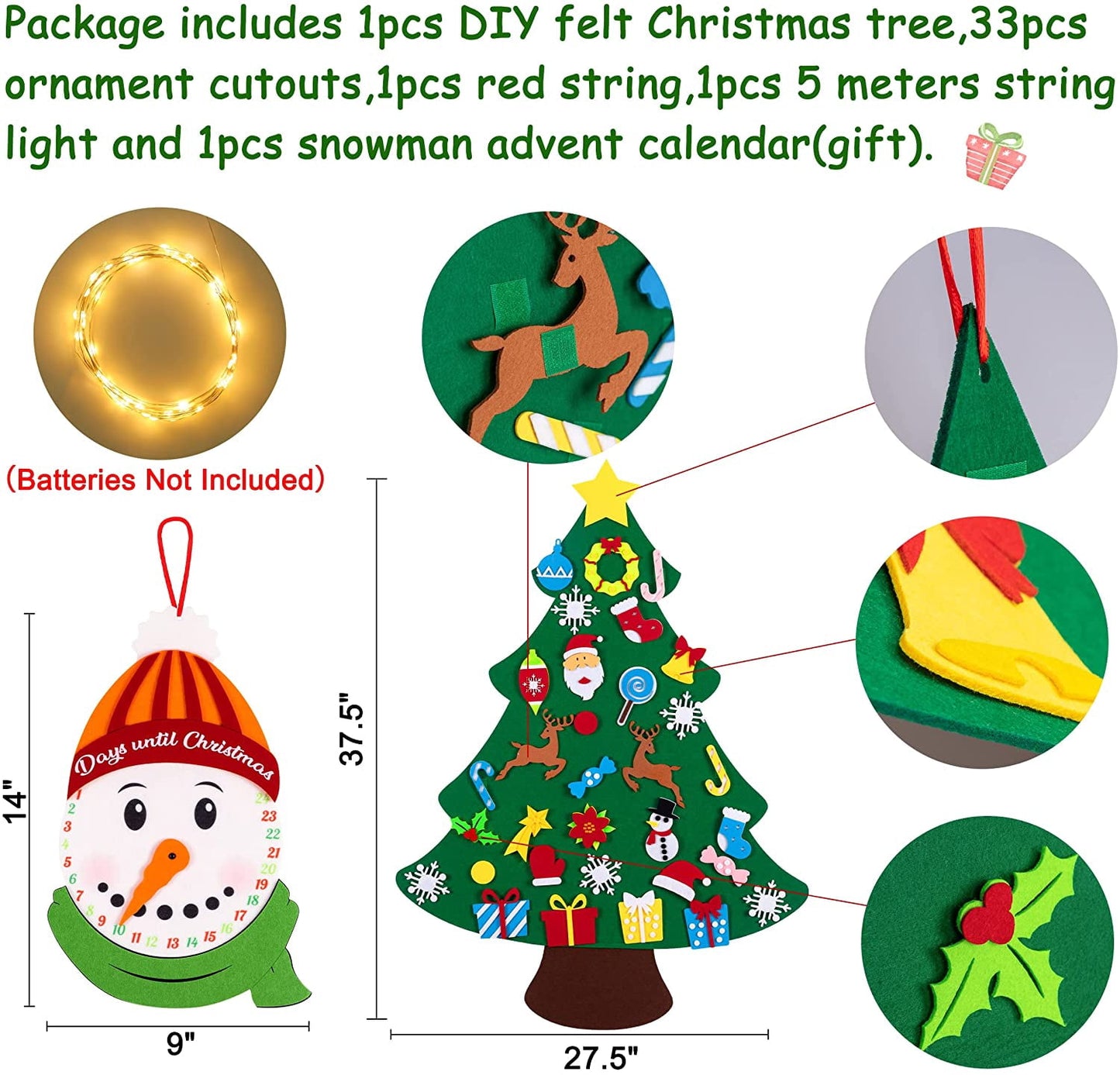 TETOU 3Ft DIY Felt Christmas Tree Set, 32 Ornaments Felt Xmas Tree Set with Led String Light Snowman Advent Calendar for Christmas Kids Gift Indoor Wall Hanging Decorations