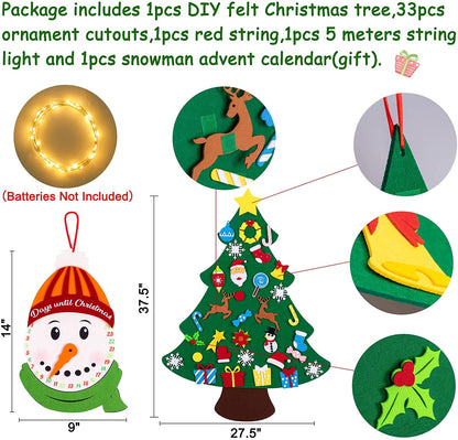 TETOU 3Ft DIY Felt Christmas Tree Set, 32 Ornaments Felt Xmas Tree Set with Led String Light Snowman Advent Calendar for Christmas Kids Gift Indoor Wall Hanging Decorations
