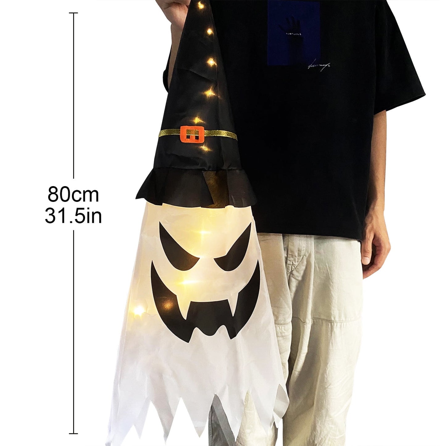 TETOU 3Pcs 31.5" Upgrade Hallowe'en Decoration Hanging Gypsophila Ghost, Light up LED Witch Hat for Outdoor Tree Garden Home Decor - Warm Light