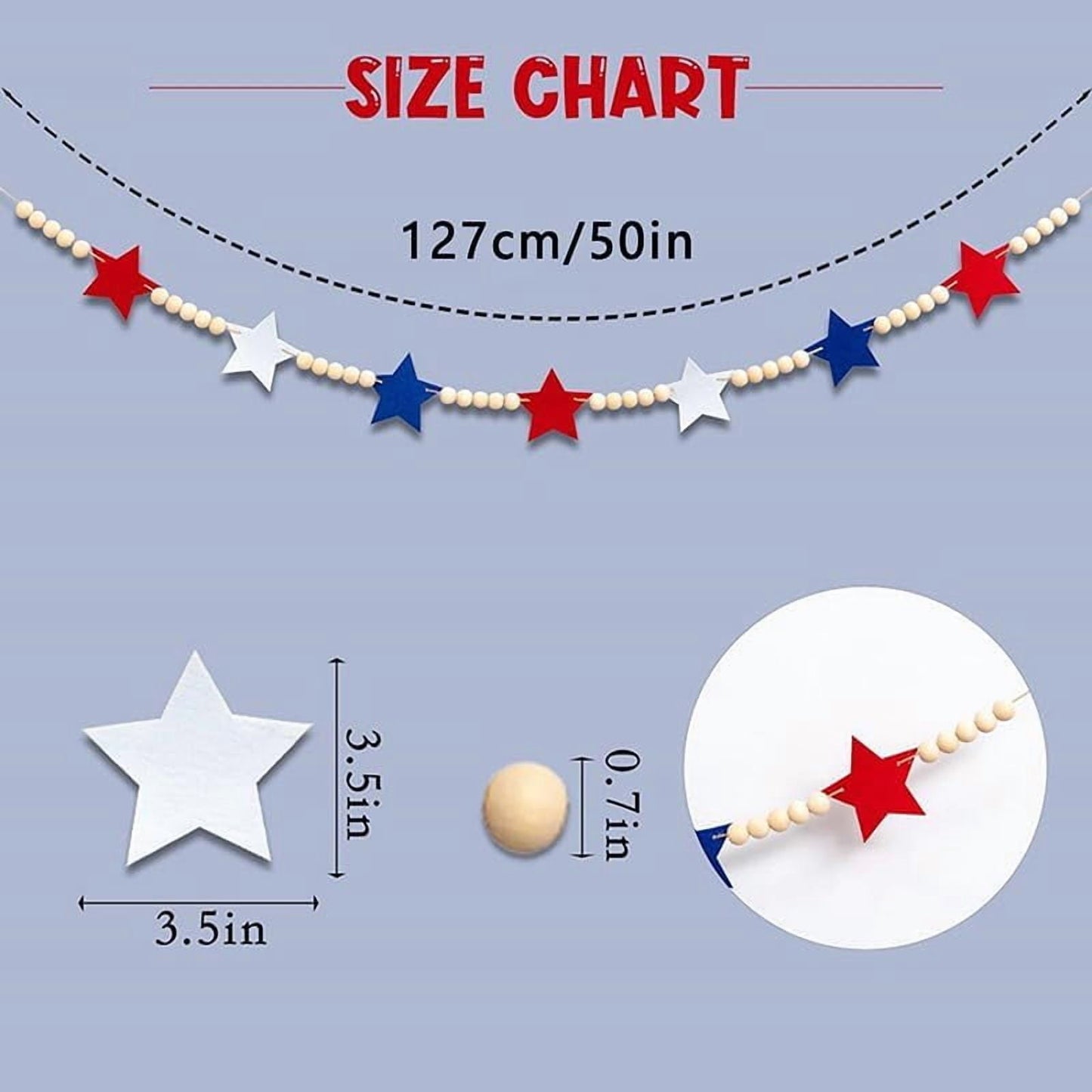 TETOU American Patriotic Wooden Bead String with Star-Shaped Charms, Red White Blue Beaded Garland for Independence Day 4th of July Home Fireplace Wall Decor - 127cm/50inch