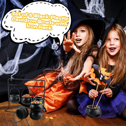 TETOU 6Pcs Halloween Witches Cauldron Serving Bowls Decor, Hallowe'en Candy Bowl with Cauldron on Rack for Hallowe'en Party Decoration