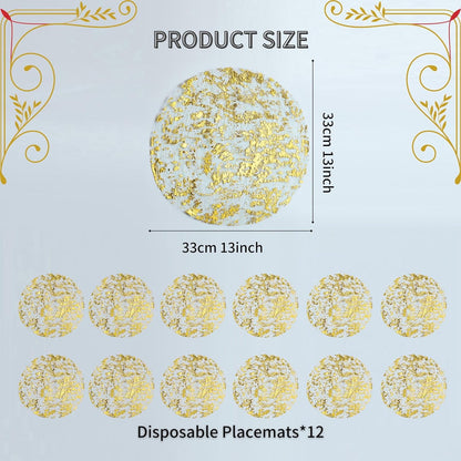 TETOU 12Pcs Disposable Gold Placemats, 13" Gold Foil Mesh Pressed Fall Table Mates Gold Doilies for Dining Table Wedding Birthday Party Holiday Home Decor