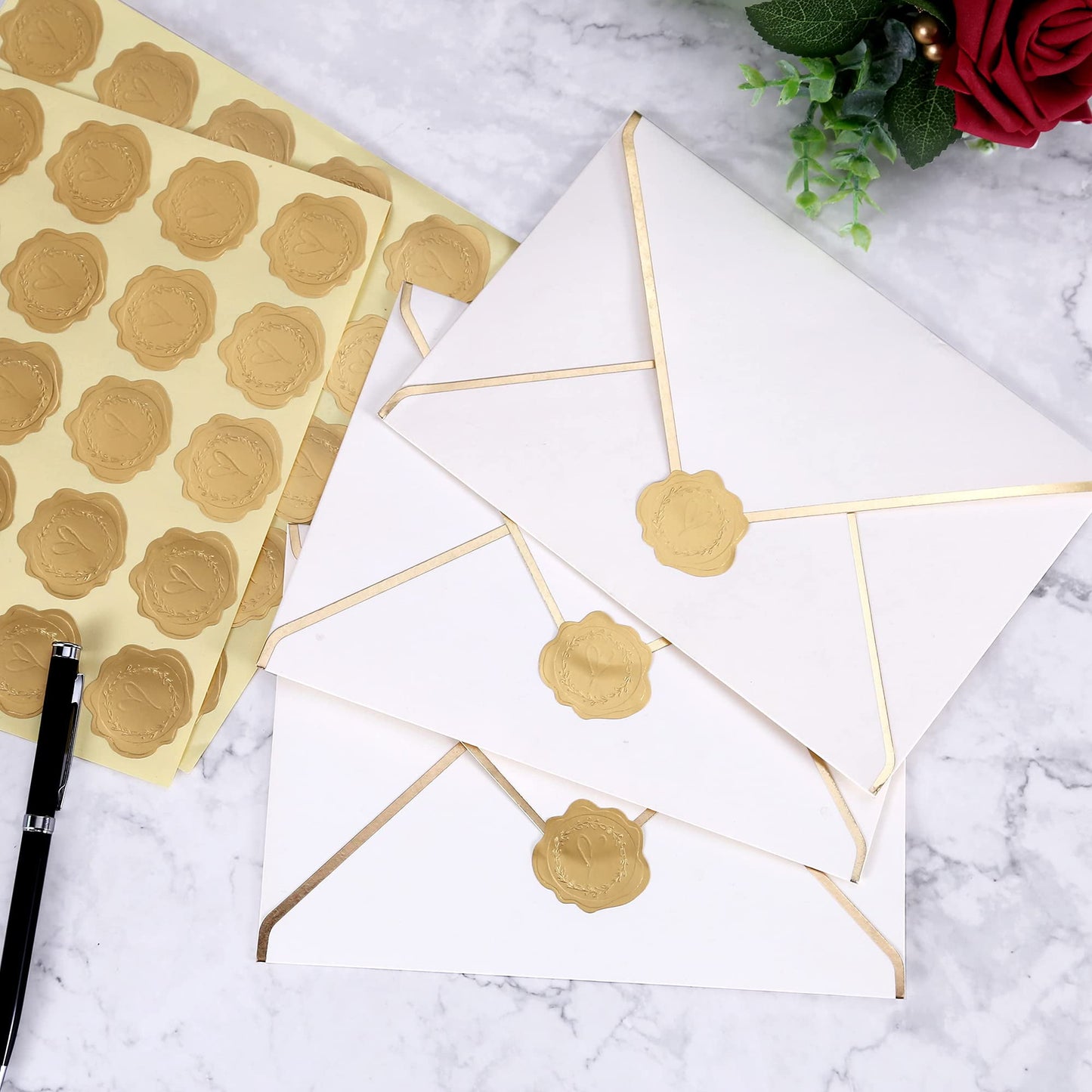 TETOU 300pcs Gold Embossed Envelope Seal Heart Pattern Stickers for Wedding Invitations Greeting Letters Cards