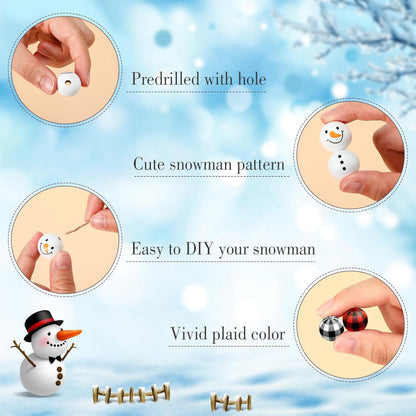 TETOU 150 Pcs DIY Christmas Snowman Wooden Bead Crafts,Red Black Plaid Round Wood Bead with Twine Scarf Xmas DIY Ornaments for Home Christmas Tree Holiday Decor