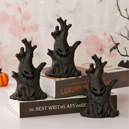 TETOU 3Pcs Halloween Ghost Tree Stump Light, Halloween Flameless LED Candle Holder Lights Battery Operated for Hallowe'en Party Table Home Spooky Decor - Black(Warm Light)
