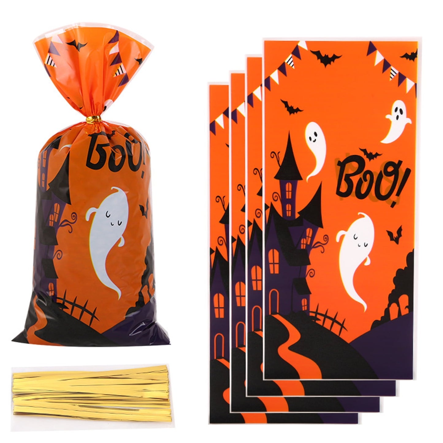 TETOU 50Pcs Hallowe'en Cellophane Treat Bags, 4.92*10.93" Multi Color Candy Bags Bats Pumpkin and Witch Halloween Goody Bags with Twist Ties for Snacks Cookies Packing Halloween Party Favor