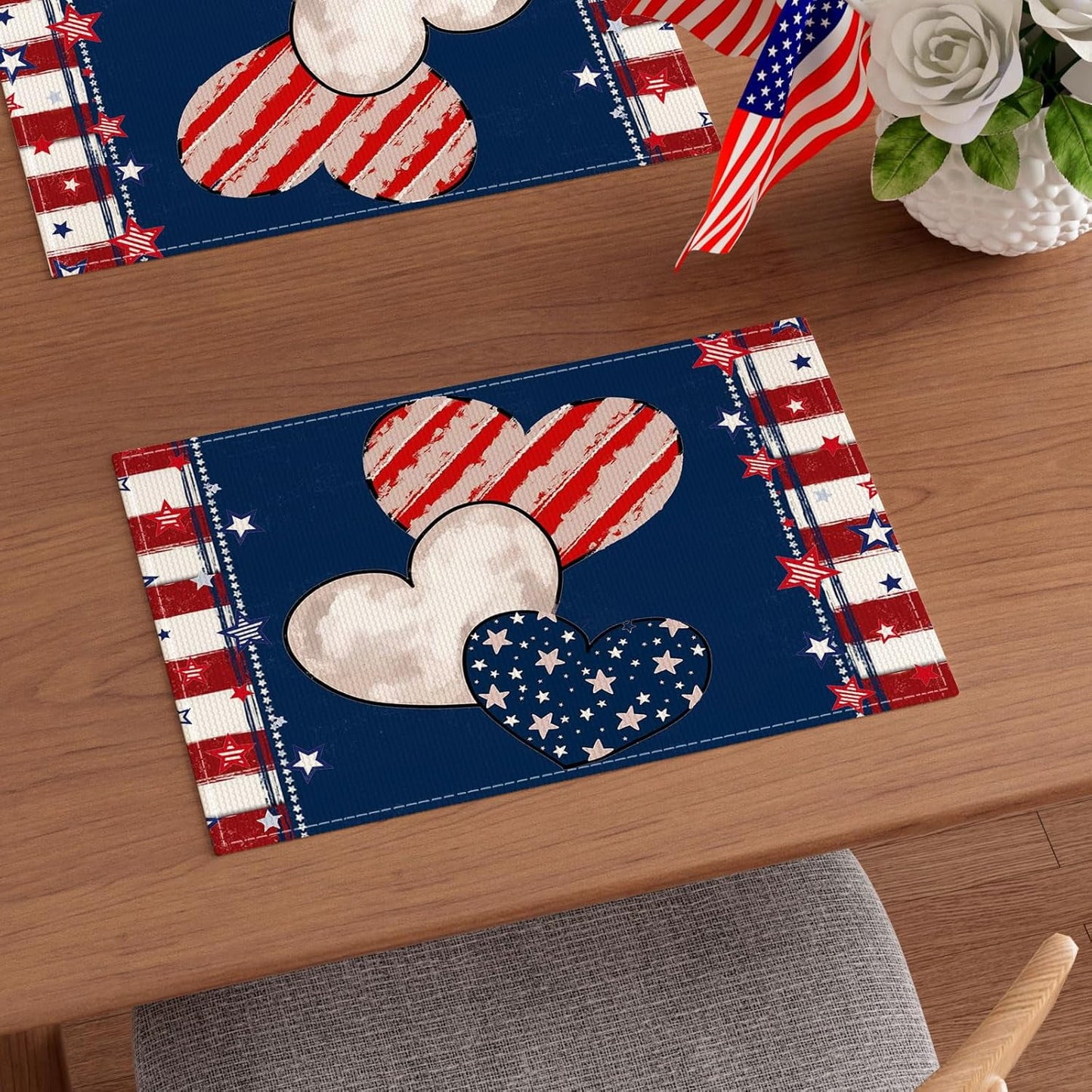 TETOU Heart Stripe Stars 4th of July Placemats,12x18 Inch Set of 4 Memorial Day Independence Day Patriotic America Cloth Table Decoration Home Kitchen Dining Indoor Holiday Farmhouse Decor