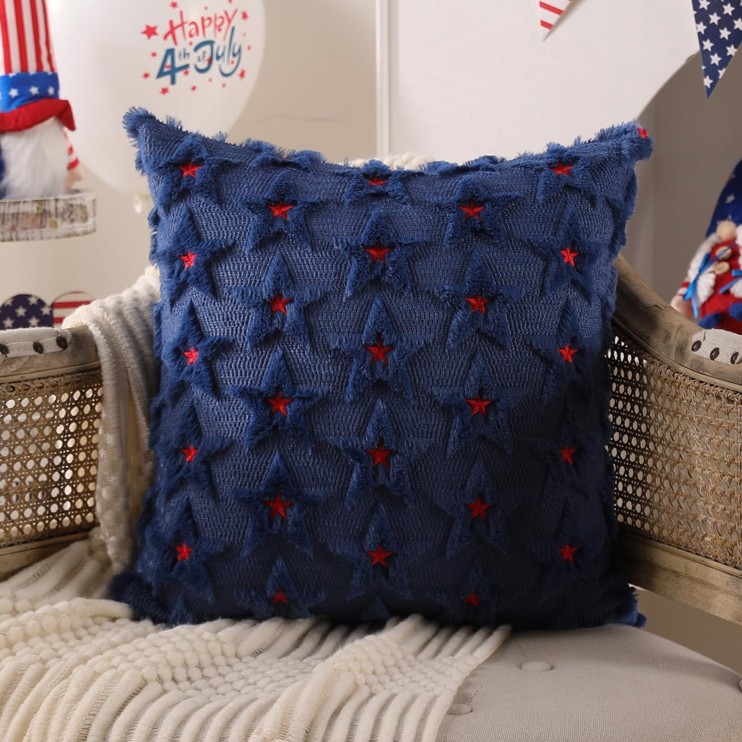 TETOU 4th of July Patriotic Pillow Covers ,18"x18"Set of 2 4th of July Decor Red Embroidery Star Decor Soft Plush Faux Fur Jacquard Throw Pillows for Independence Day Home Party Sofa Decorations