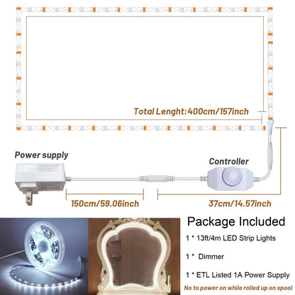 TETOU 13ft Led Vanity Mirror Lights Kit Bendable Make-up Mirror Cloakroom Adjustable Flexible Strip Light Table Set with Dimmer