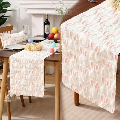 TETOU Easter Bunny Jacquard Table Runner 13x72 Inch Bunny Rabbit Designs Soft Plush Faux Fur Table Decoration for Easter Home Party