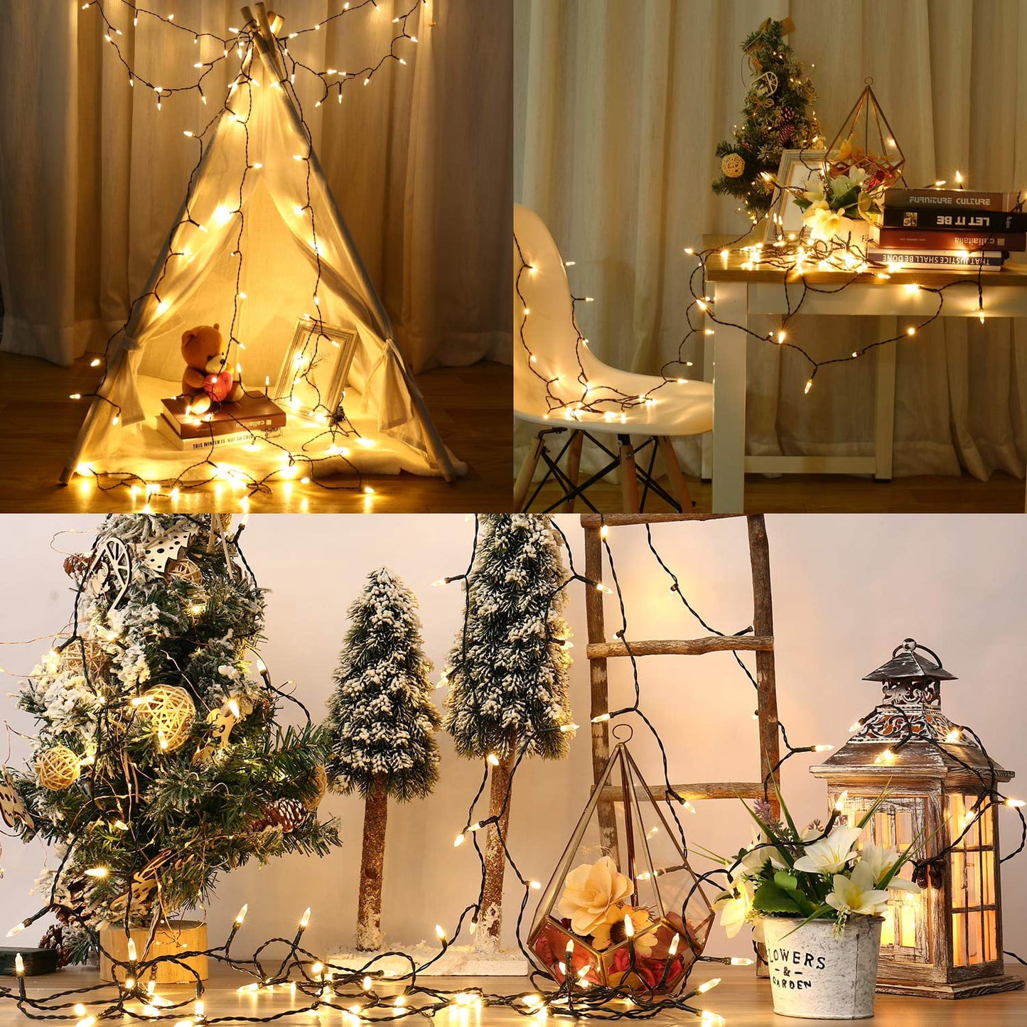 TETOU Christmas Lights,33Ft 100 LED Battery Mini Xmas Tree Lights,8 Modes Waterproof String Lights with Timer for Outdoor Indoor Home Christmas Party Yard Decoration(Warm White)