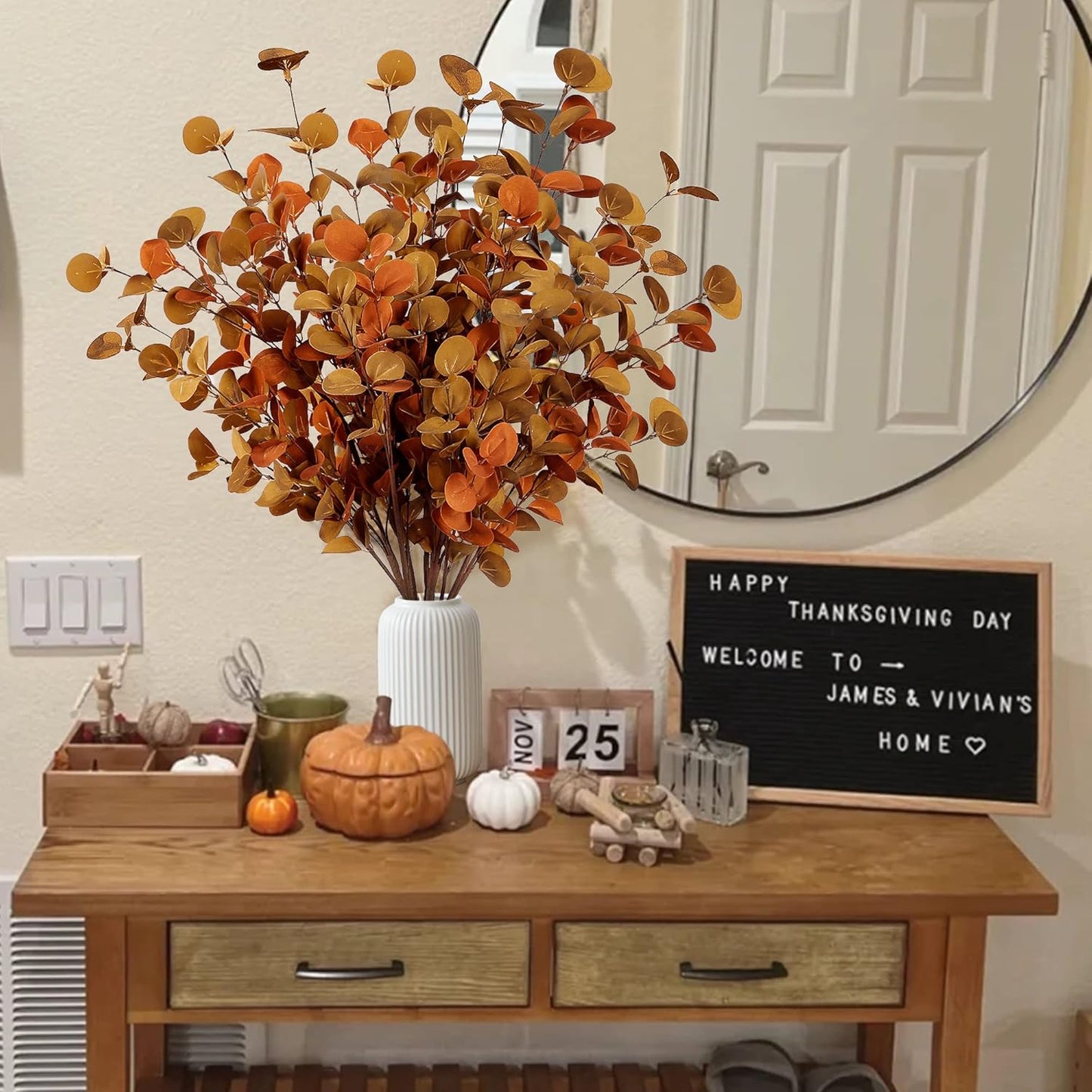 TETOU 6Pcs 26.7" Artificial Fall Eucalyptus Stems, Eucalyptus Leaf Greenery Stems Fake Plants Floral for Vase Filler Home Party Fall Thanksgiving Halloween Indoor Decoration