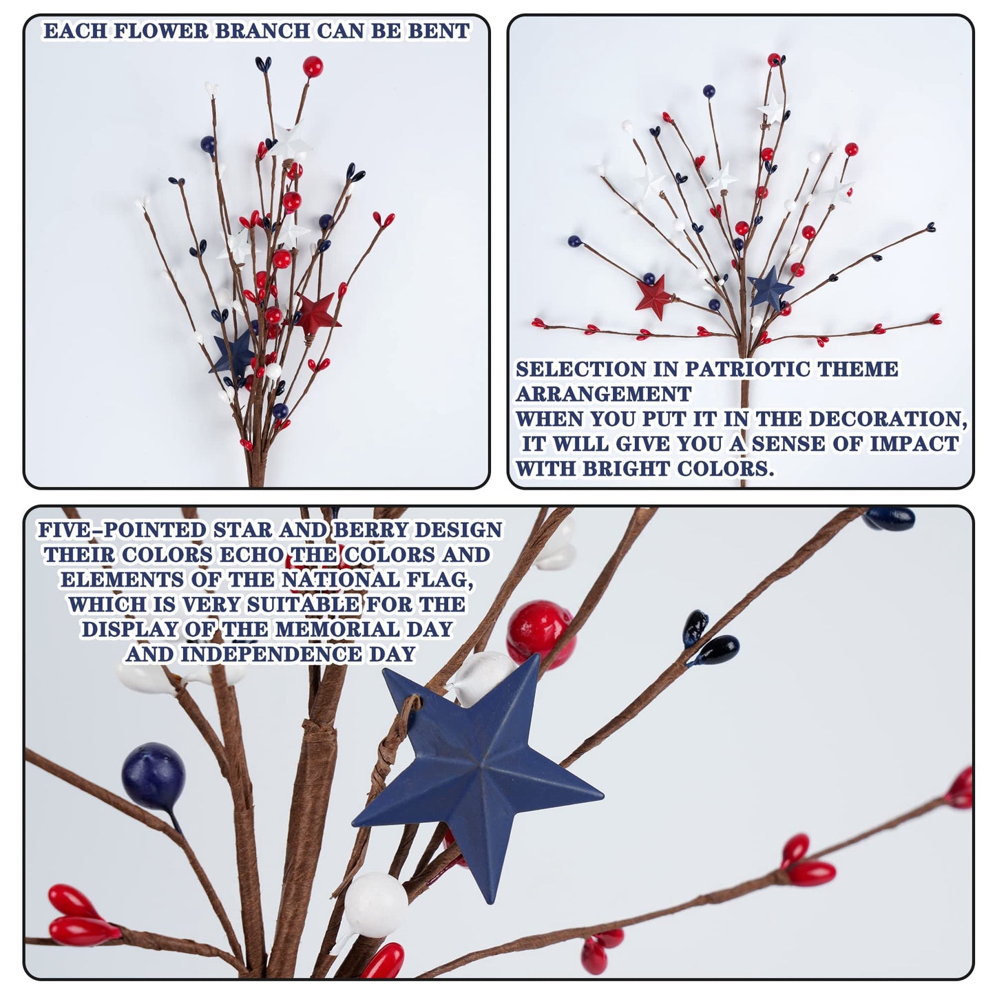 TETOU 4th of July Patriotic Artificial Berry Stem Picks, 4pcs 14.6" White Blue Red Stars Faux Berry Branches for Independence Day Home Office Restaurant Vase Patriotic Decorations