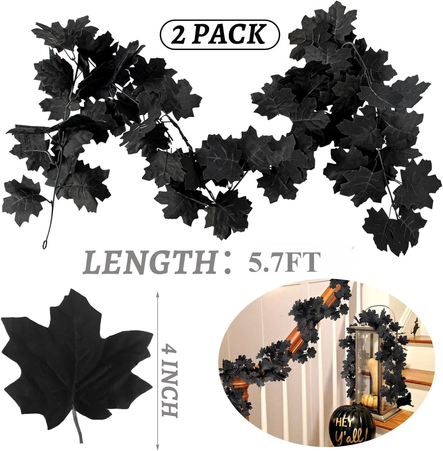 TETOU 2PCS Black Maple Leaf Garland,5.7Ft Halloween Artificial Hanging Fall Leave Vines for Fall Halloween Party Home Mantle Wall Indoor Outdoor Decoration